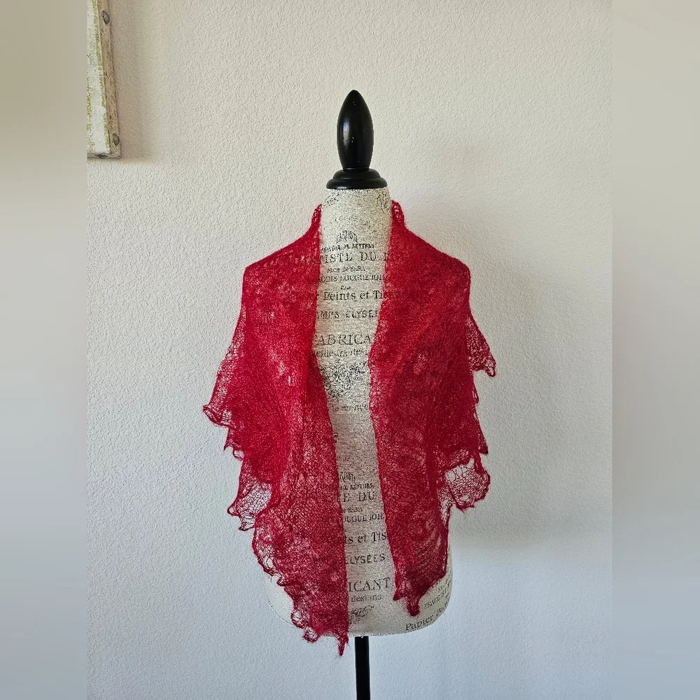Vibrant Red Orenburg Russian Lace Scarf - Gossamer Goat Down Pautinka Stole